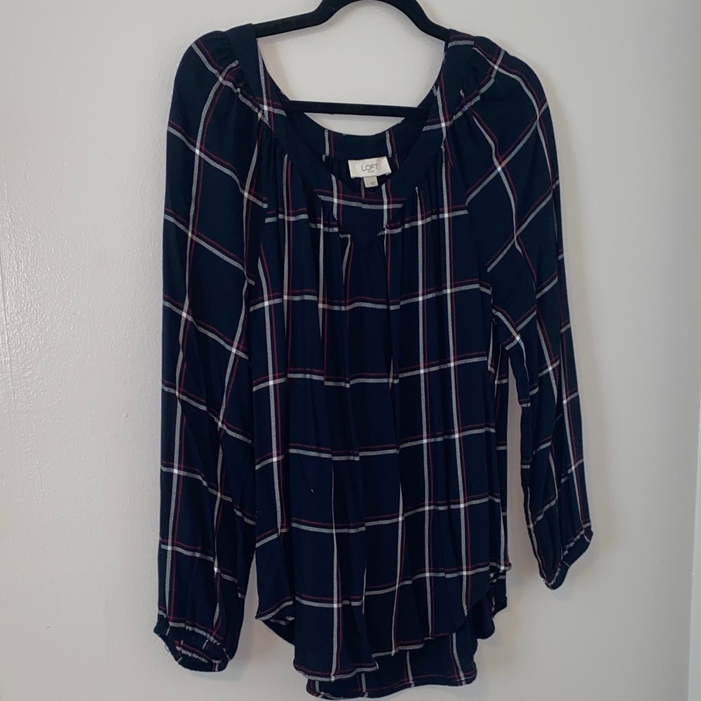 LOFT Women's Dark Checkered Blouse - Picture 1 of 5